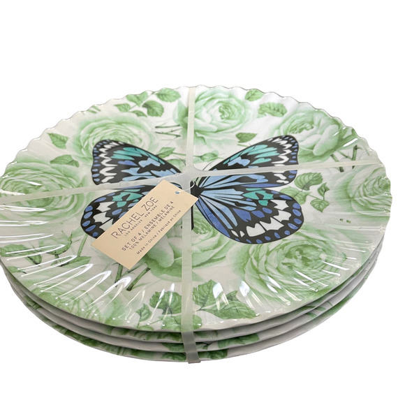 RACHEL ZOE Spring Floral Butterfly Melamine 10.75" Dinner Plates Set of 4 NEW - Picture 3 of 7
